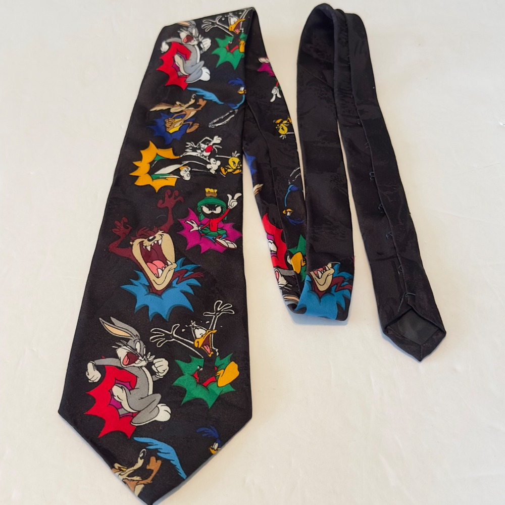 Vintage‎ 1993 Looney Tunes Mania Character Print Black Polyester Necktie 90s WB - Picture 3 of 8